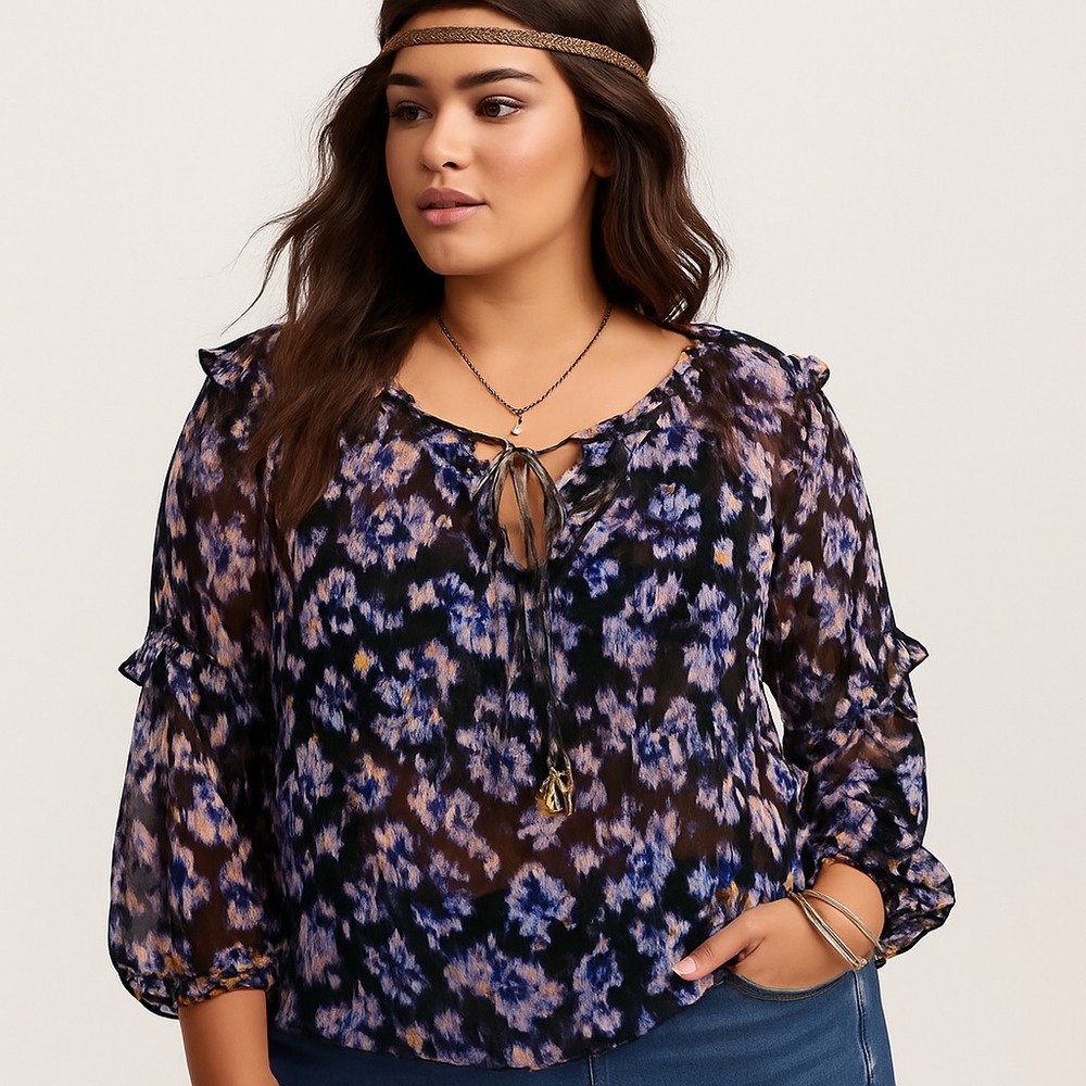 Ophelia Roe Womens L Multicolor Floral Ruffle Sheer Peasant Blouse Boho Festival